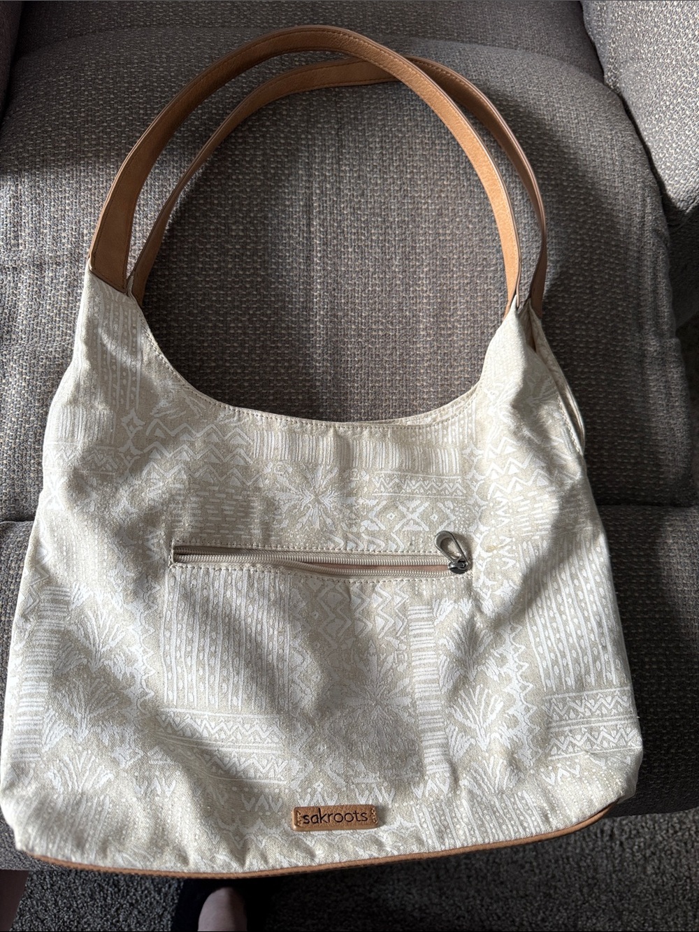 Sakroots Cream Patterned Shoulder Bag with Tan Straps